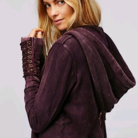 Free People Chelsea Cardi Long Cardigan Knit Hoodie Jacket Corset Lace Sleeve - Picture 1 of 9